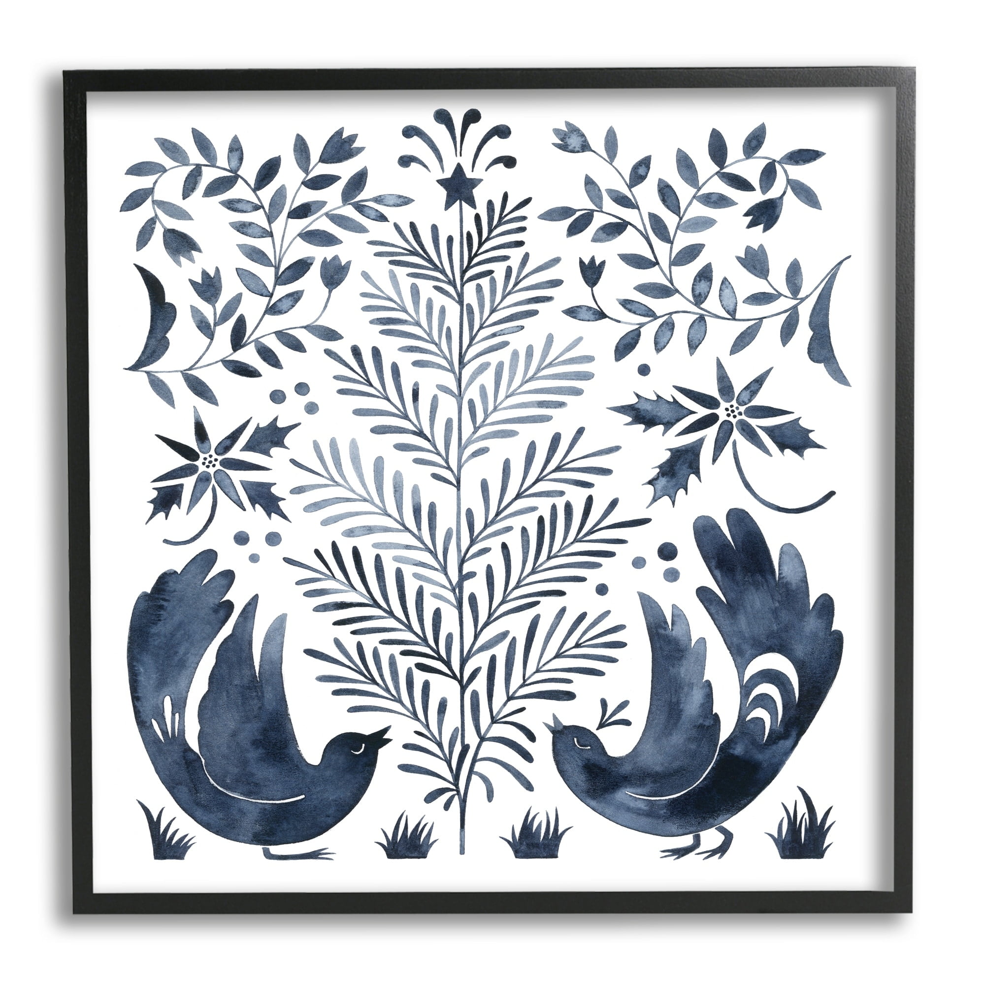 Tranquil Blue Birds Botanical Holiday Tree Design Animals & Insects Painting Framed Art Print Wall Art
