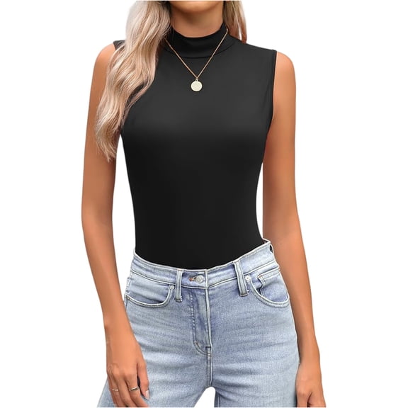 Gaukiv Womens Tank Tops Mock Neck Sleeveless Stretch Blouses Slim Basic Layering Shirts Black L