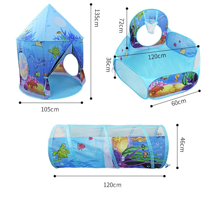 3 in 1 Portable Toddler Kids Play Tent House Crawl Tunnel Ball Pit In/Outdoor with PopUp Playhouse Tent, Basketball Hoop Set for Kids, Polyester