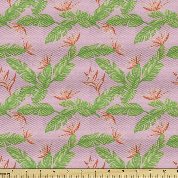 Exotic Fabric by the Yard Upholstery, Repetitive Banana Leaves Strelitzia Botany Pattern, Decorative Fabric for DIY and Home Accents, Rose Fern Green by Ambesonne