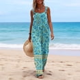 thumbnail image 4 of JULMCOMO Jumpsuits for Women Boho Floral Print Square Neck Vintage Summer Rompers Wide Leg Loose Fit Casual Jumpsuits with Pockets Cyan S, 4 of 5