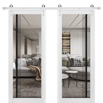 Sturdy Double Barn Door 36 x 80 inches | Lucia 2566 White Silk Clear Glass | 13FT Rail Hangers Heavy Set | Solid Panel Interior Doors