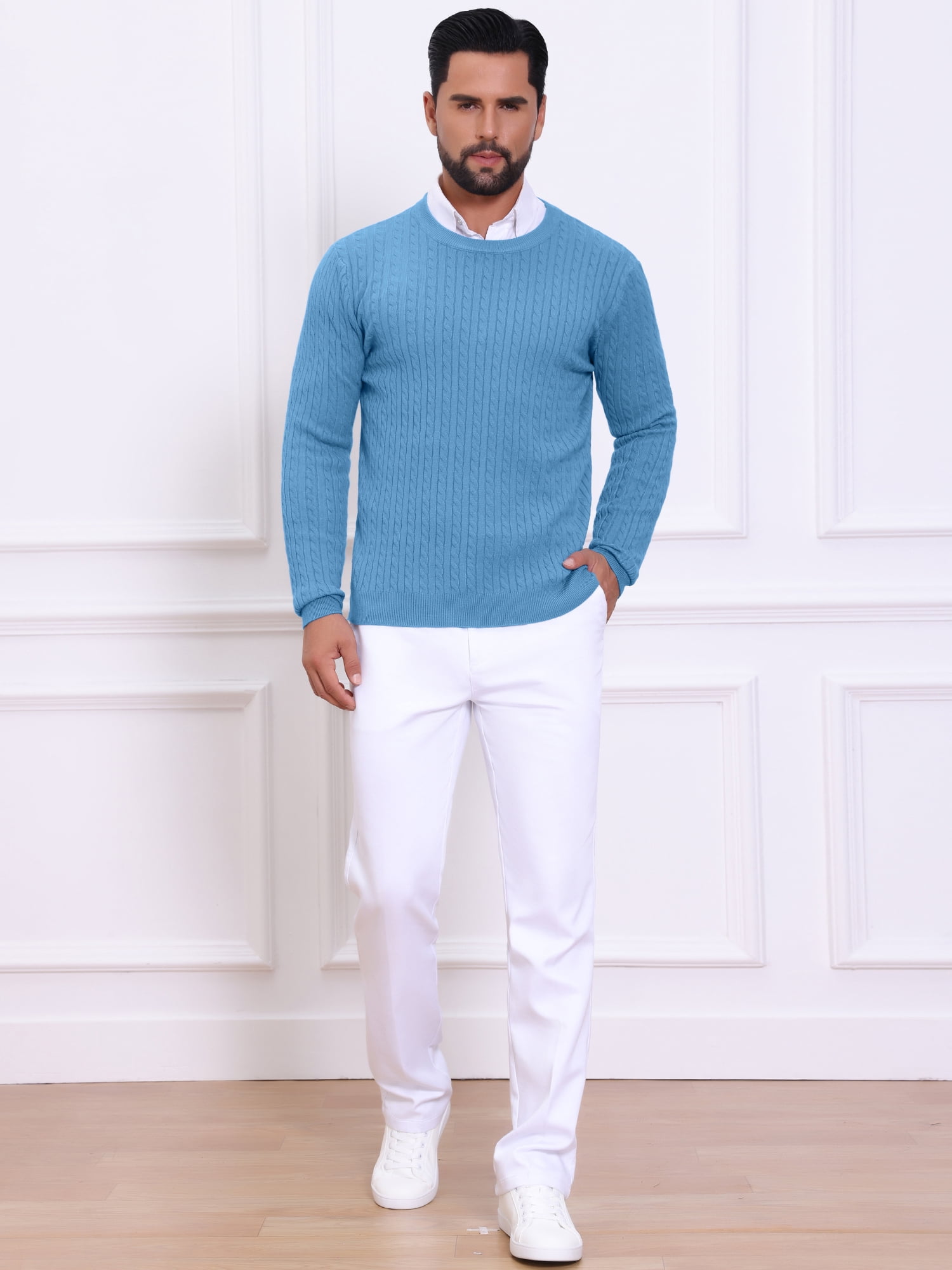 DARING DIVA Men's Crew Neck Long Sleeve Soft Cable Knit Pullover Sweater M Blue
