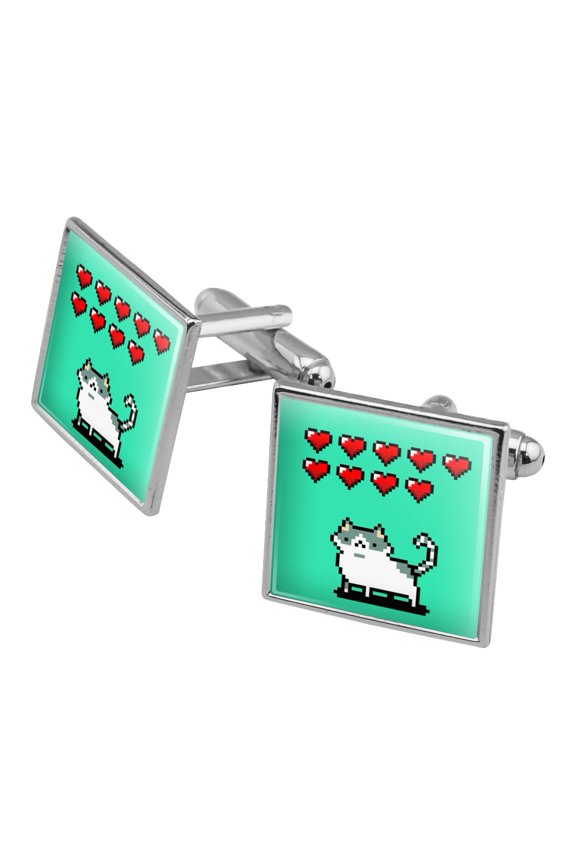 Nine Lives Cat Pixel Retro Game Square Cufflink Set - Silver or Gold