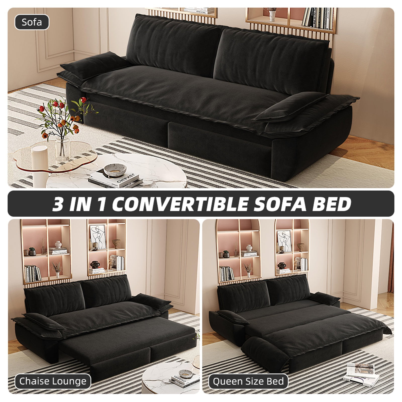 73.2" Futon Sofa Bed Queen Size, Pull Out Bed, 3-in-1 Convertible Sleeper Sofa with 2 Soft Pillows, Modern Velvet Futon Couch for Living Room, Small Space, Apartment, Bedroom, Black
