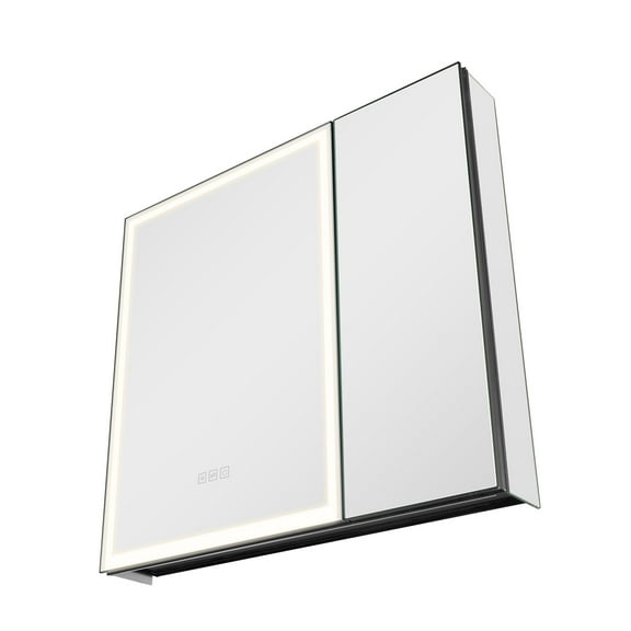 KFFKFF Illuminated Medicine Cabinet with Mirror, 30 x 28 in, Recessed or Wall Mount, Dimmable LED Bathroom Cabinet with Tempered Glass Mirror, Adjustable Shelves, and Memory Defogging Feature