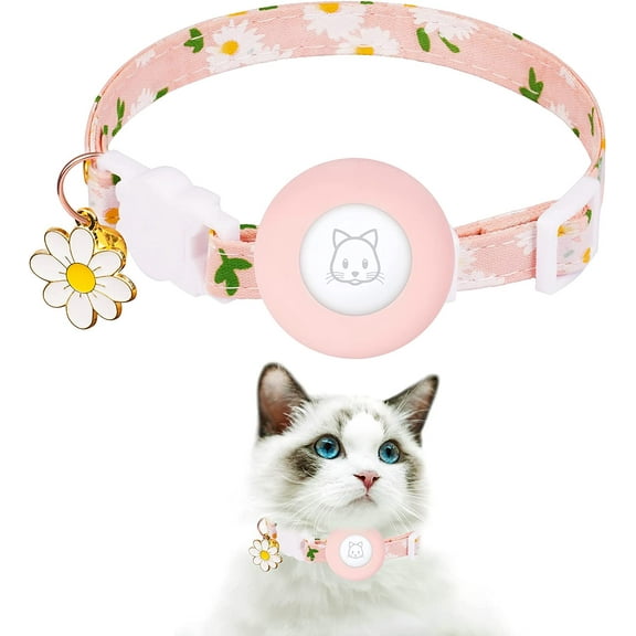 Airtag Cat Collar, Kitten Collar Breakaway with Silicone Airtag Holder, Bells & Flower Charm for Girl Cats Boy Cats Small Dogs(Pink)