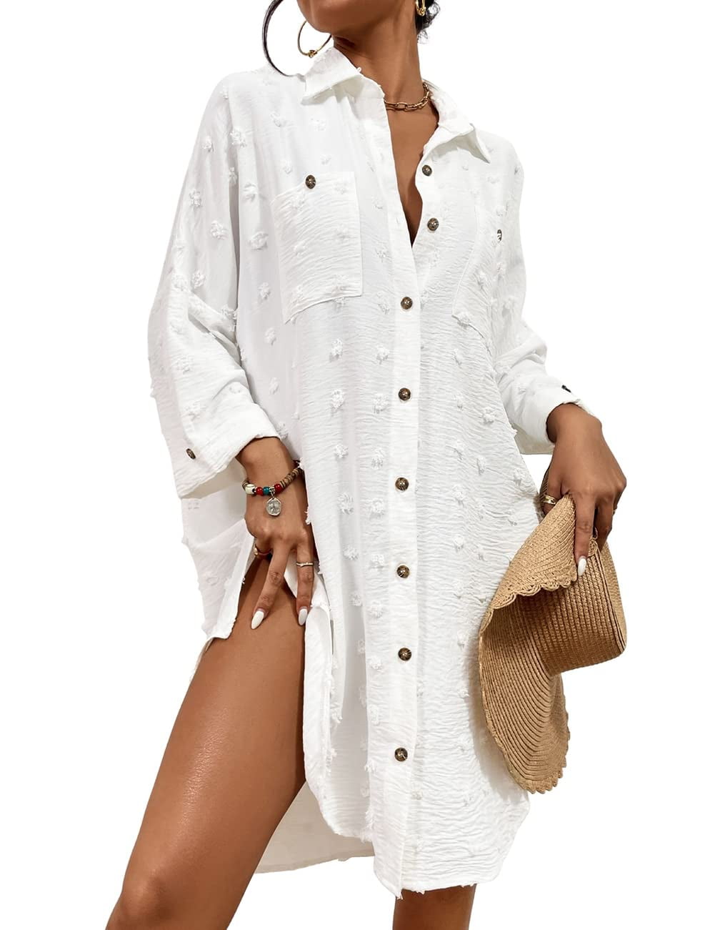 Women s White Button Down Swimsuit Cover Up Dress Liberia Ubuy