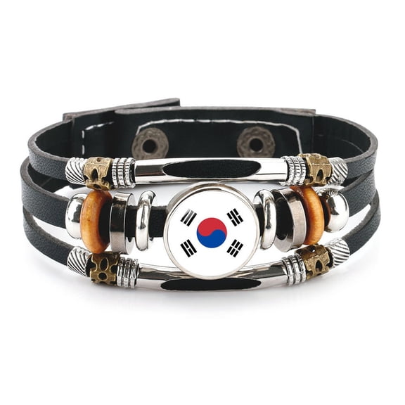 Uijokdef Country Flag Leather Bracelet, Multi-Layer Black Cowhide Design, 7.87 Inches