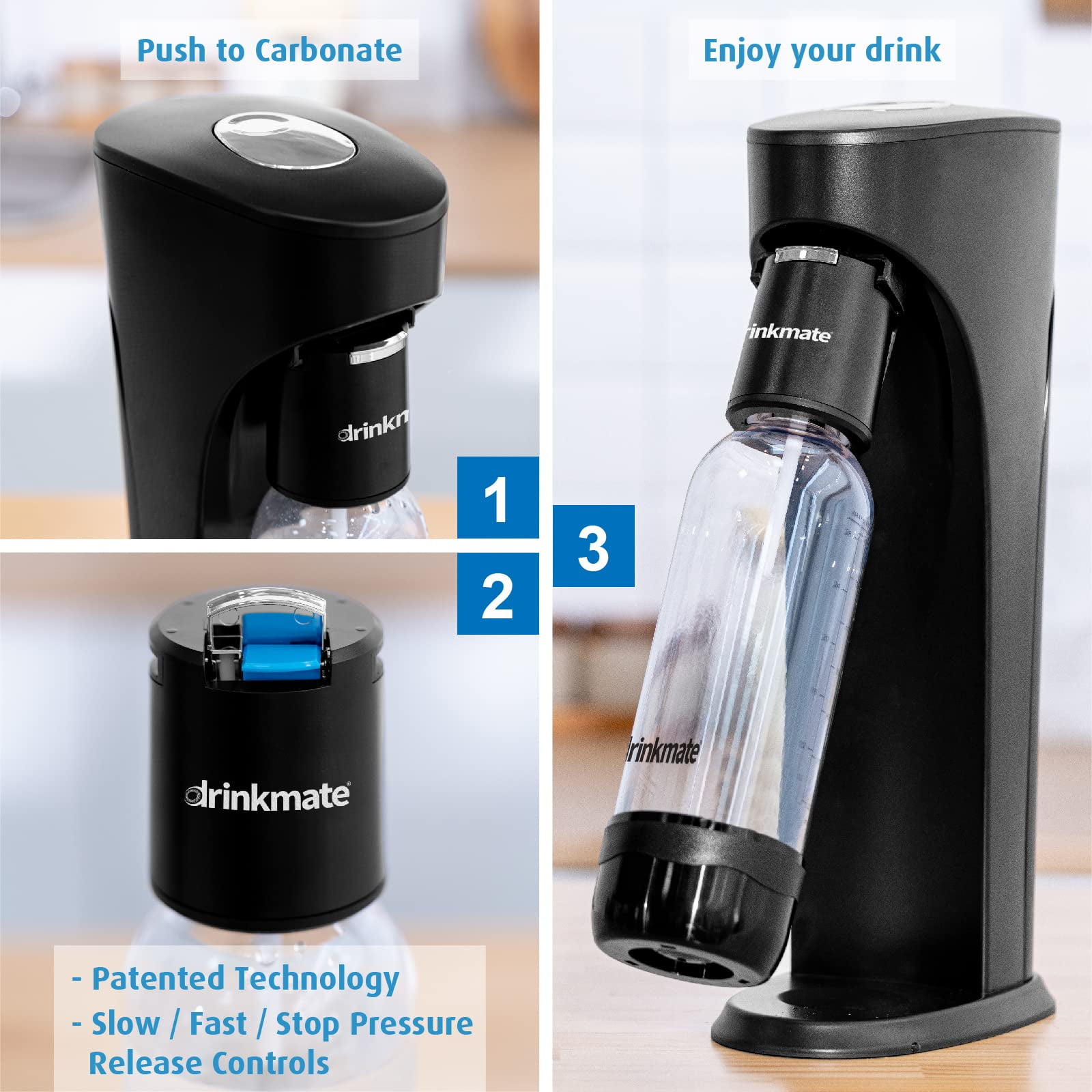 Drinkmate OmniFizz Sparkling Water and Soda Maker, Carbonates Any Drink  Without Diluting It, CO2 Cylinder Not Included (Matte Black)