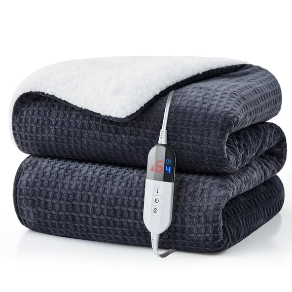 Dhole Heated Blanket Electric Blanket Throw Waffle, 50x60 Inches,Sherpa Fleece Fast Heating Blanket 6 Heating Levels & 4 Hours Auto Off ETL Certification, Gray