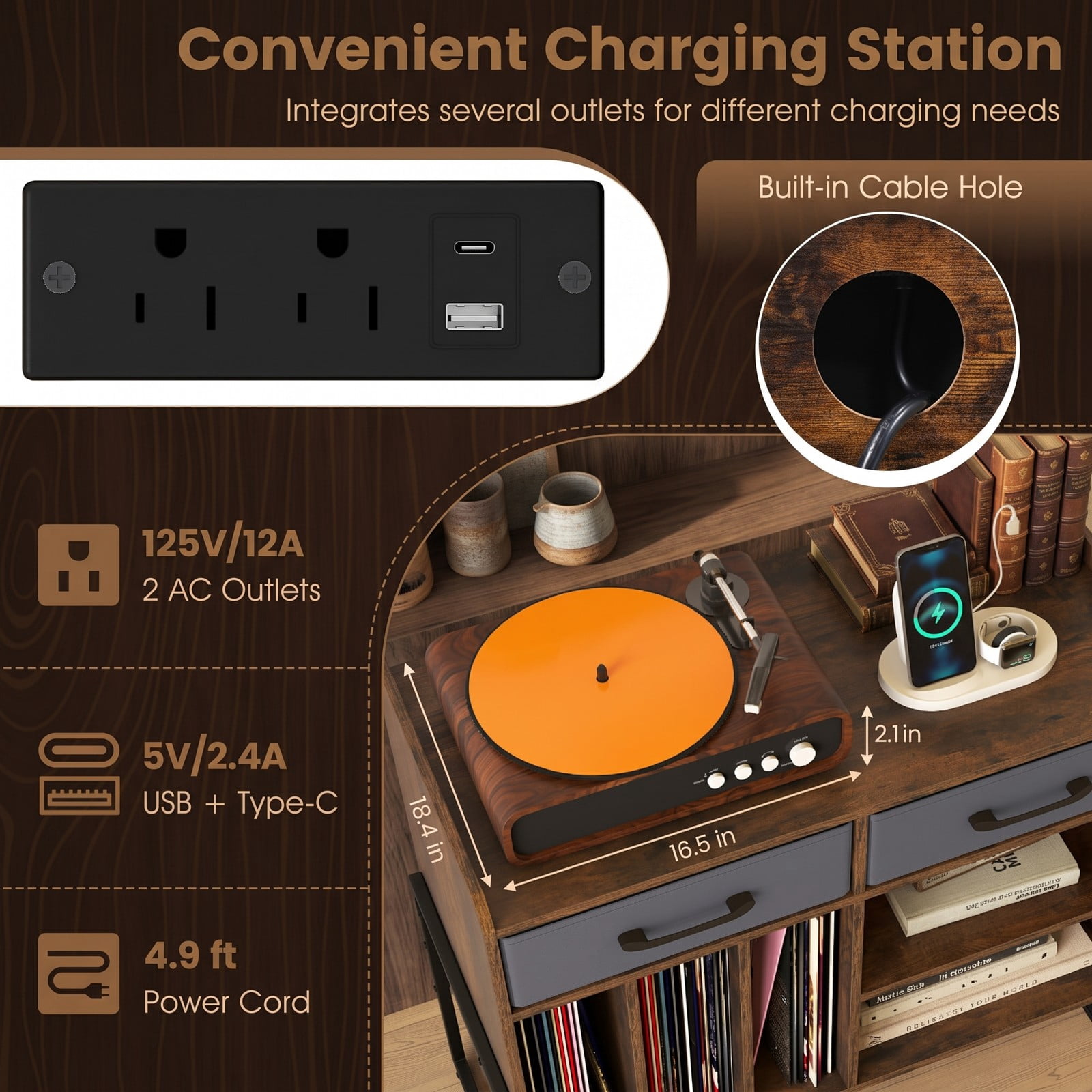Furnibear Record Player Stand with Charging Station, Mid Century Modern Vinyl Storage Cabinet with USB and Type-C Ports, 2 Fabric Drawers and Adjustable, Rustic Brown