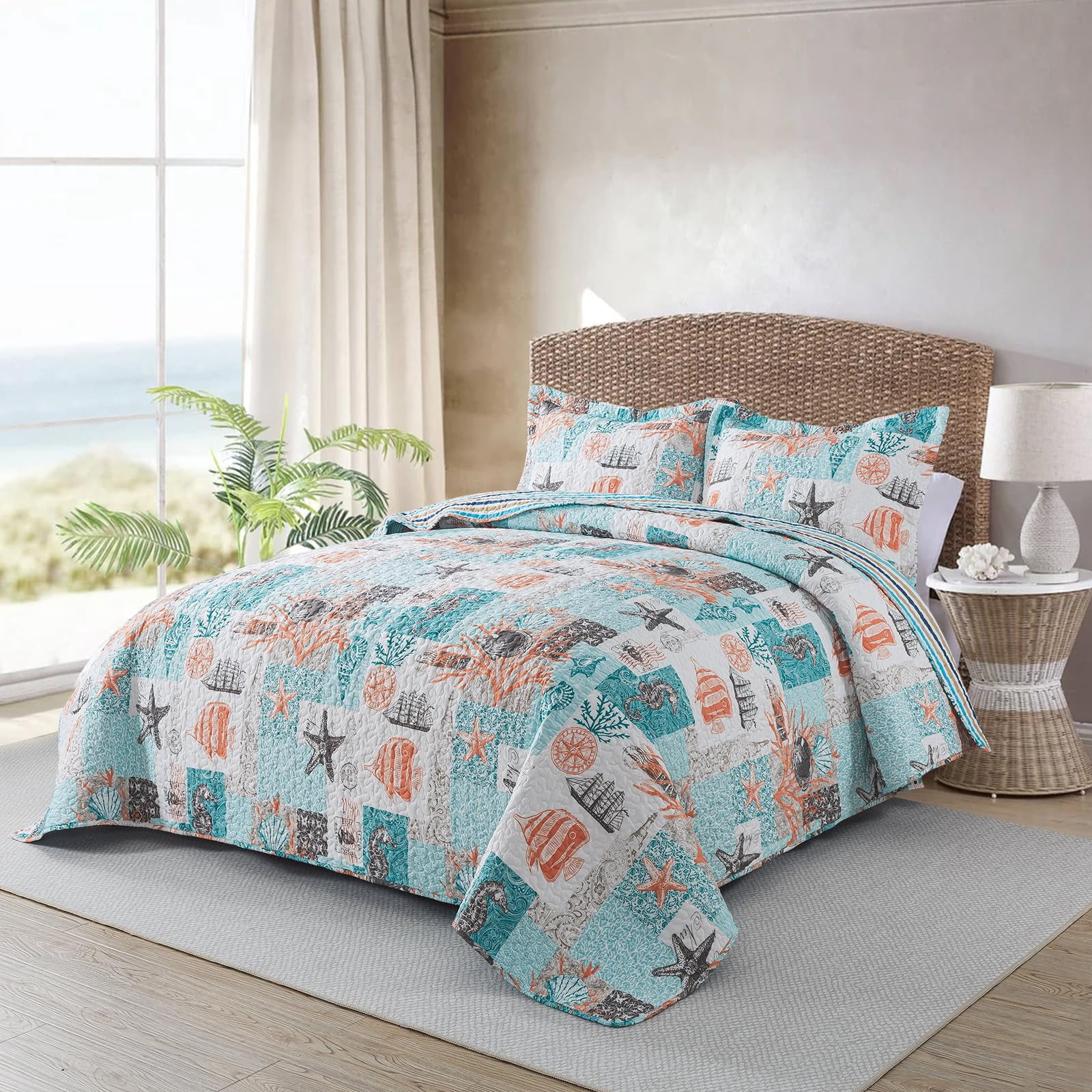 Nordmiex Queen Quilt Bedding Set - 3 Pieces Coastal Quilt Sets Beach Bedspreads Ocean Coverlets Lightweight Bed Cover Summer Quilts Queen Size