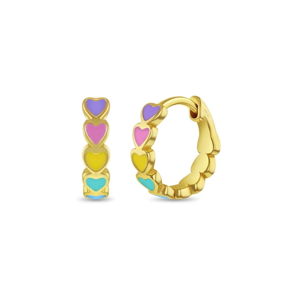 Enamel Cascading Hearts Girls Earrings Hoop/Huggie - Sterling Silver Gold Plated
