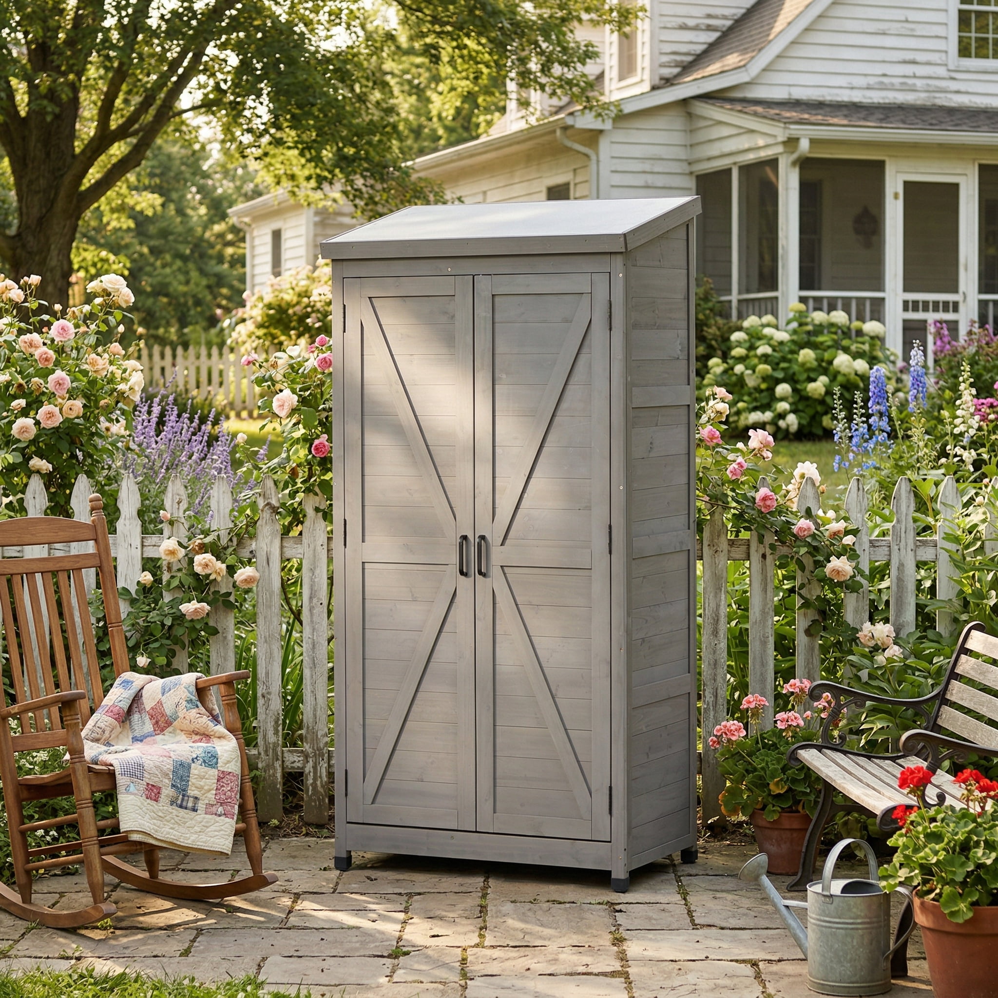 Outdoor Wooden Storage Shed, Metal Top Tall Vertical Tool Cabinet for Backyard Garden Patio Lawn Utility Storage, Grey