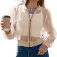 thumbnail image 3 of Women's Crop Mesh Sheer Bomber Jackets Lightweight Long Sleeve Zip Up Jacket Outwear, 3 of 6