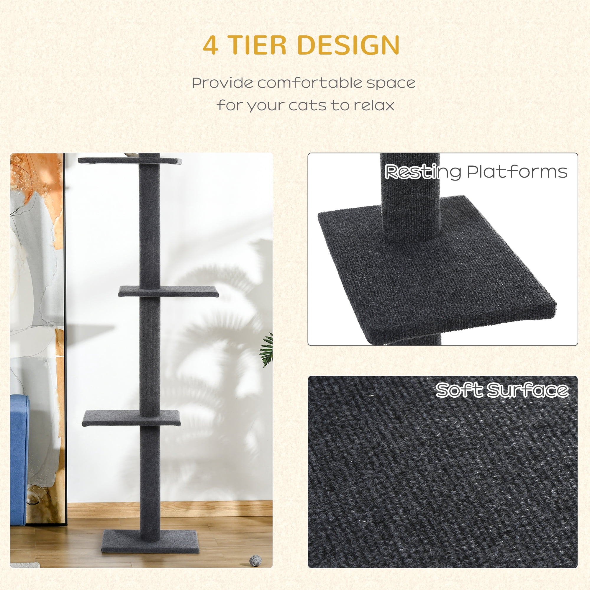Pawhut 4-level Platform Cat Tree with Sisal-Covered Scratching Posts, Gray