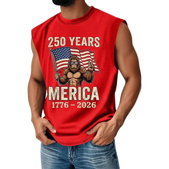 Sewkxo Summer Men's Tank Top 250th Anniversary American Flag Graphic Round Neck Sleeveless Tees Shirts Trendy Baggy Casual Tank Shirt,Red S