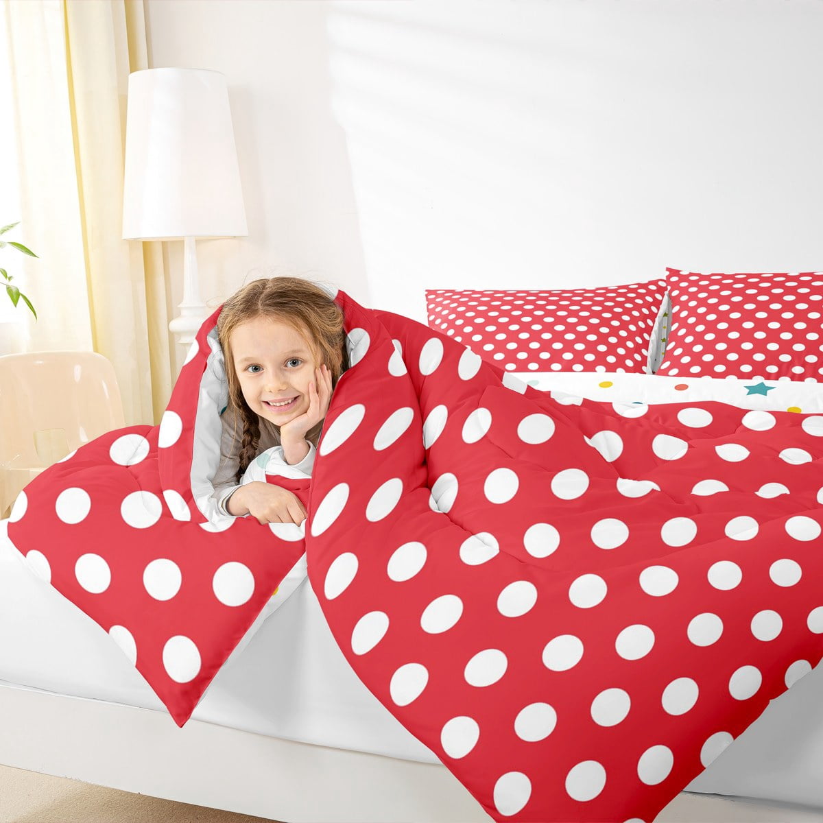 jejeloiu Modern Dot Bedding Comforter Set,Abstract Geometric Geometric Twin Comforter Sets,Red White Bedding Set,Breathable Bedroom Decor Reversible,2pcs