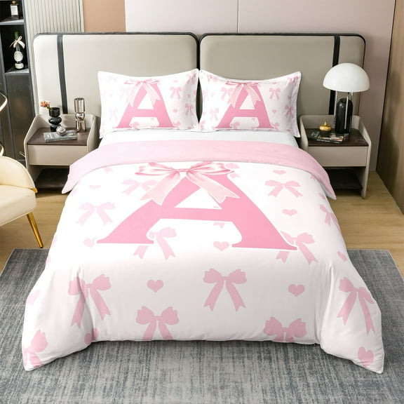 Pink Bow Cotton Duvet Cover Twin Size,Initial Letter A Chic Romantic Bedding Set with 1 Pillow Sham,Princess Style Bowknot Love Hearts Girly Fairy Comforter Cover(No Filler),2 Pcs