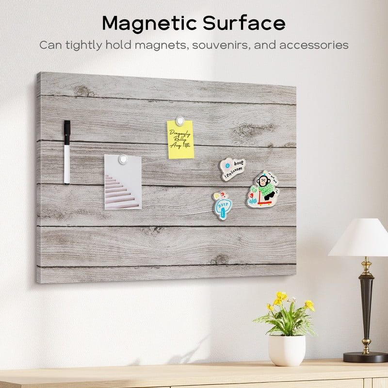 Magnetic Boards for Wall 18"x24" Wooden Planks Print Decorative White Board Magnetic Dry Erase Board Message Center Photo Board Bulletin Board with Magnets&Markers, Grey Wooden Planks