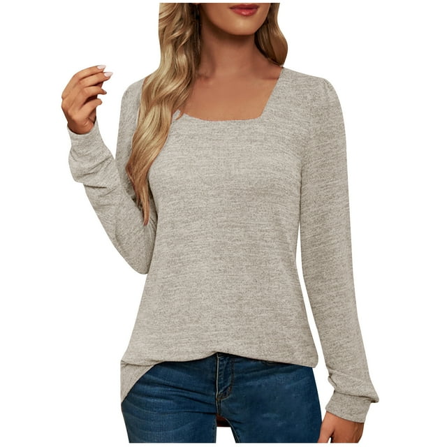 FAIWAD Women's Long Sleeve Tunic Tops Square Neck Loose Basic Tops Solid Color Comfy Pullover Tops