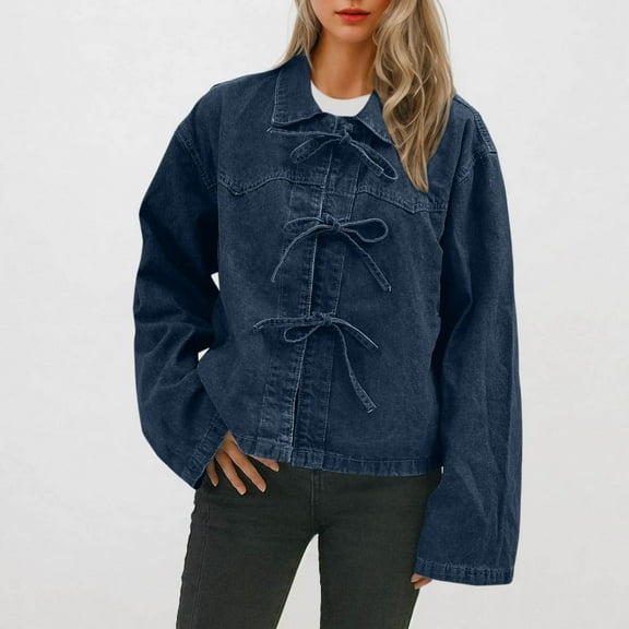 BSDJILFG Womens Jean Jacket Bow Denim Top Fall Trendy Casual Long Sleeve Cute Babydoll Classic Cardigans
