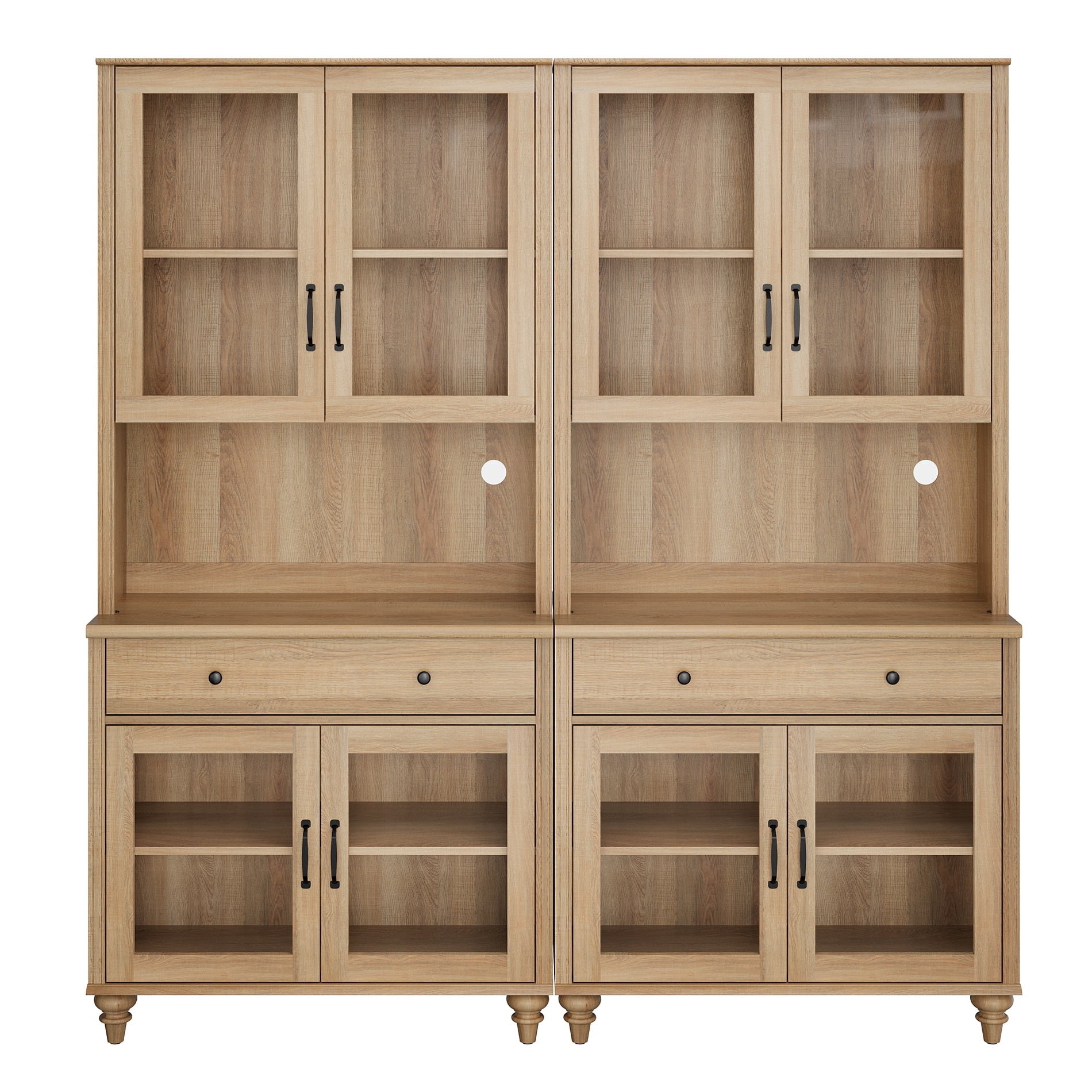 72.1"H X 67.7"W Large Farmhouse Bookcase with Glass Doors, Drawer & Bar Hutch, Wooden Bookshelf for Living Room, Bedroom, Home Office, Kitchen, Oak