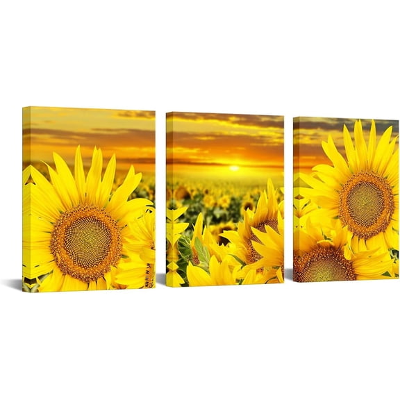 3 Pieces Yellow Sunflower Canvas Wall Art Sunrise Flowers Field Landscape Picture Artwork for Kitchen Bedroom Home Decor Ready to Hang 12x16inchx3pcs