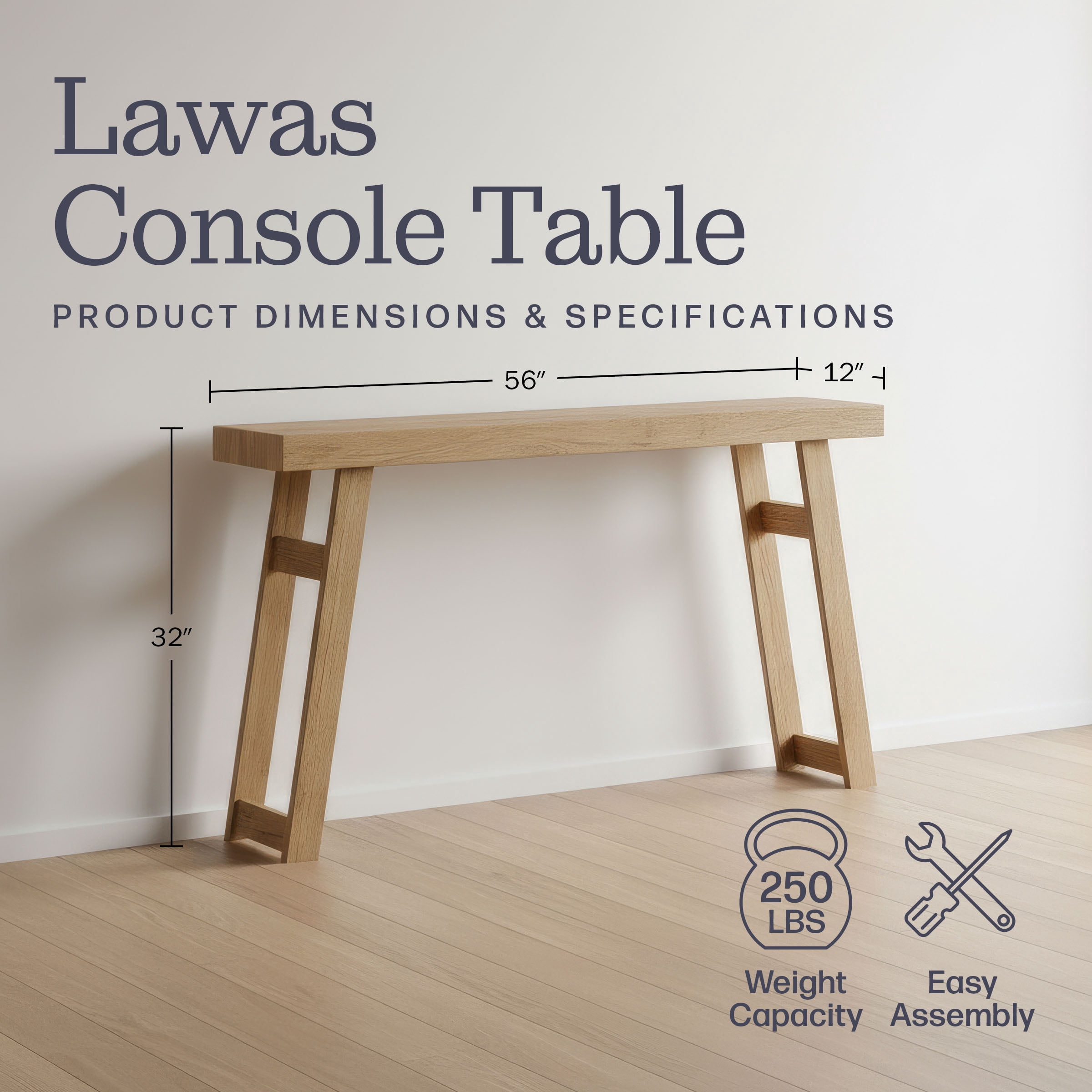 Alaterre Furniture Lawas Solid Wood Console Table - 56 Inch Modern Farmhouse Entryway Table, Light Oak