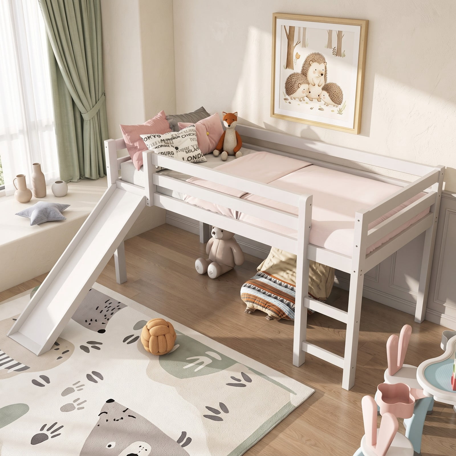 Furnibear Twin Size Low Loft Bed with Slide and Ladder for Kids Bedroom, Sturdy Wood Loft Bed Frame with Guardrails, Space-Saving, White