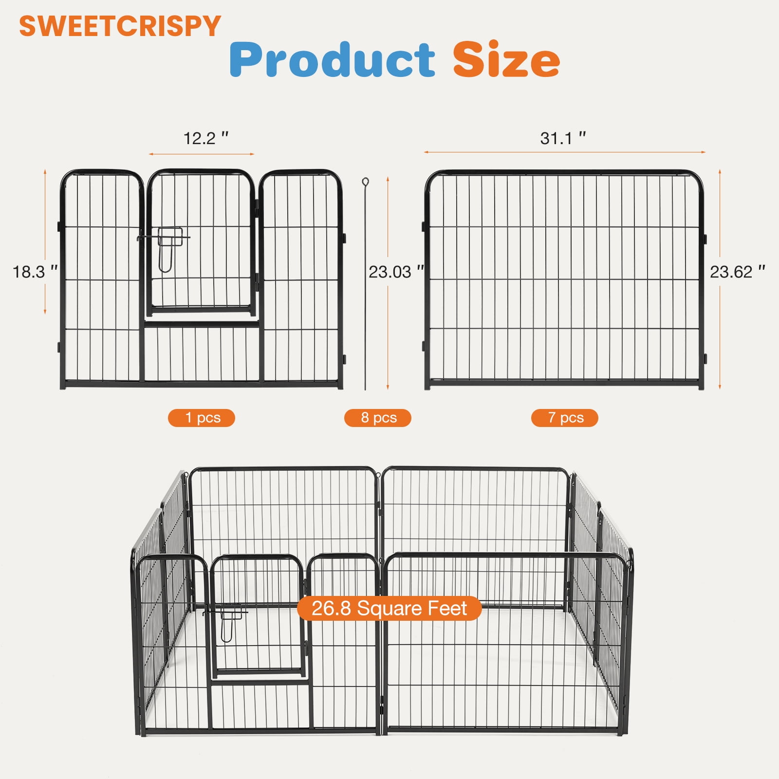 ZUNMOS Dog Playpen, 8 Panels 24" Foldable Metal Pet Fence Indoor Outdoor
