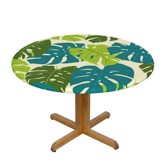 Tropical Leafs Round Fitted Tablecloths Table Covers Wipeable Waterproof Elastic for Kitchen Dinning Parties Wedding Picnic Small Fits 40-44 Inch Table Size