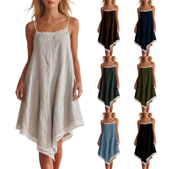Tqcoqu Women's Asymmetrical Summer Linen Dress,Spaghetti Strap Lace Trim Bohemian Sleeveless Loose Vacation Beach Dresses,Army Green Women's S-XXL