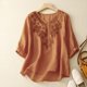 thumbnail image 2 of Camiseta de manga corta con cuello en V y bordado para mujer - Top fino y transpirable de alta densidad, mezcla de lino, M-XXL, 2 of 6