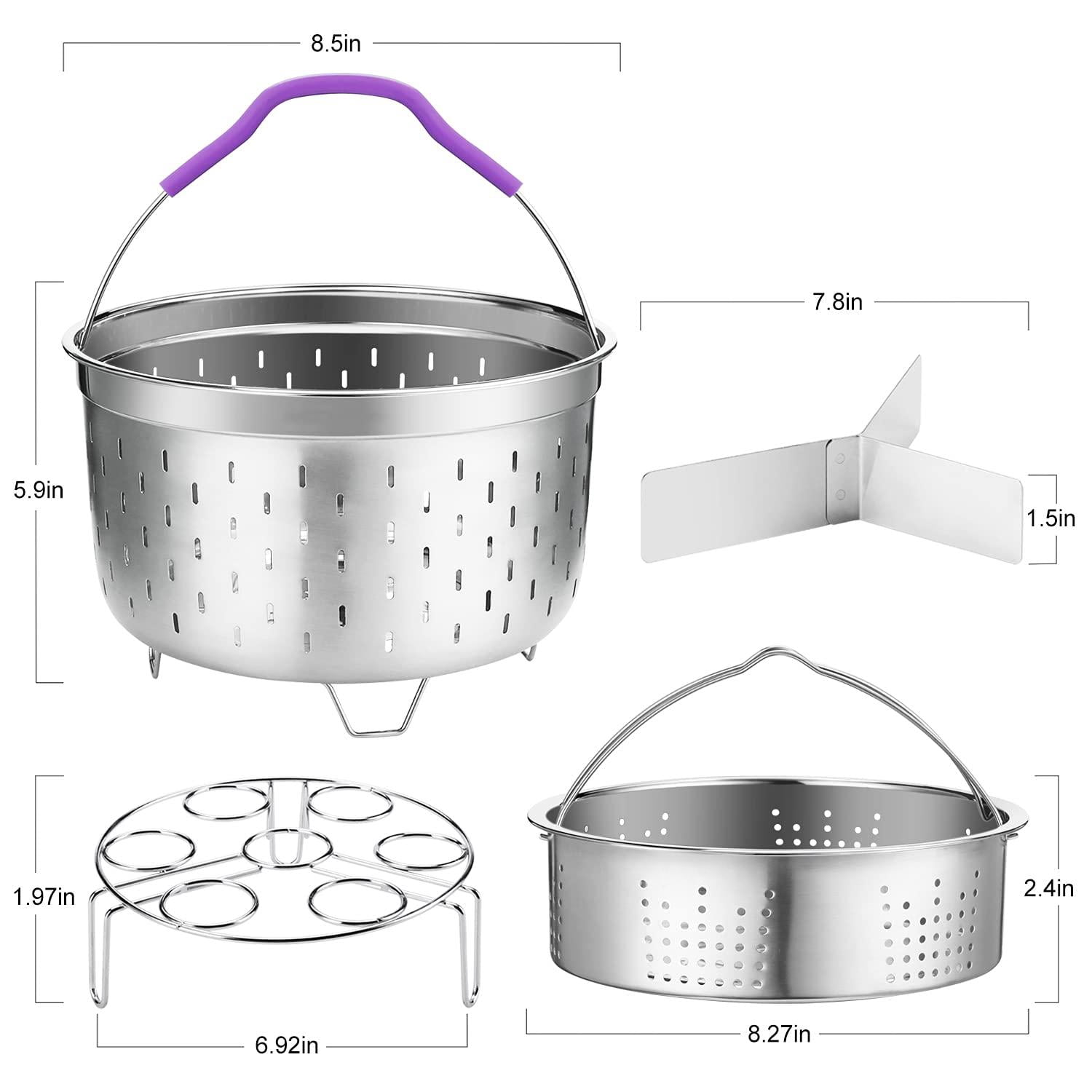 Steamer Basket For Instant Pot Pressure Cooker  Accessories Set Compatible With 5/6/8 Qt Instapot -18/8 Stainless Steel Strainer Insert Silicone Handle Divider Egg Rack 6 Quart