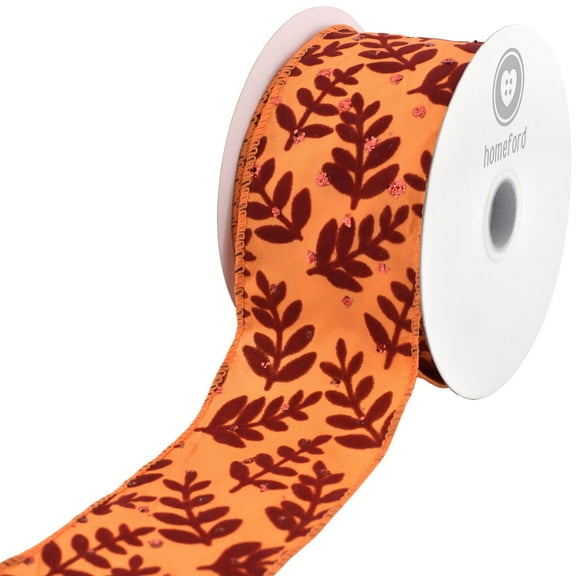 Homeford Glittered Fall Ferns Satin Wired Ribbon, 2-1/2-inch, 10-yard, Orange