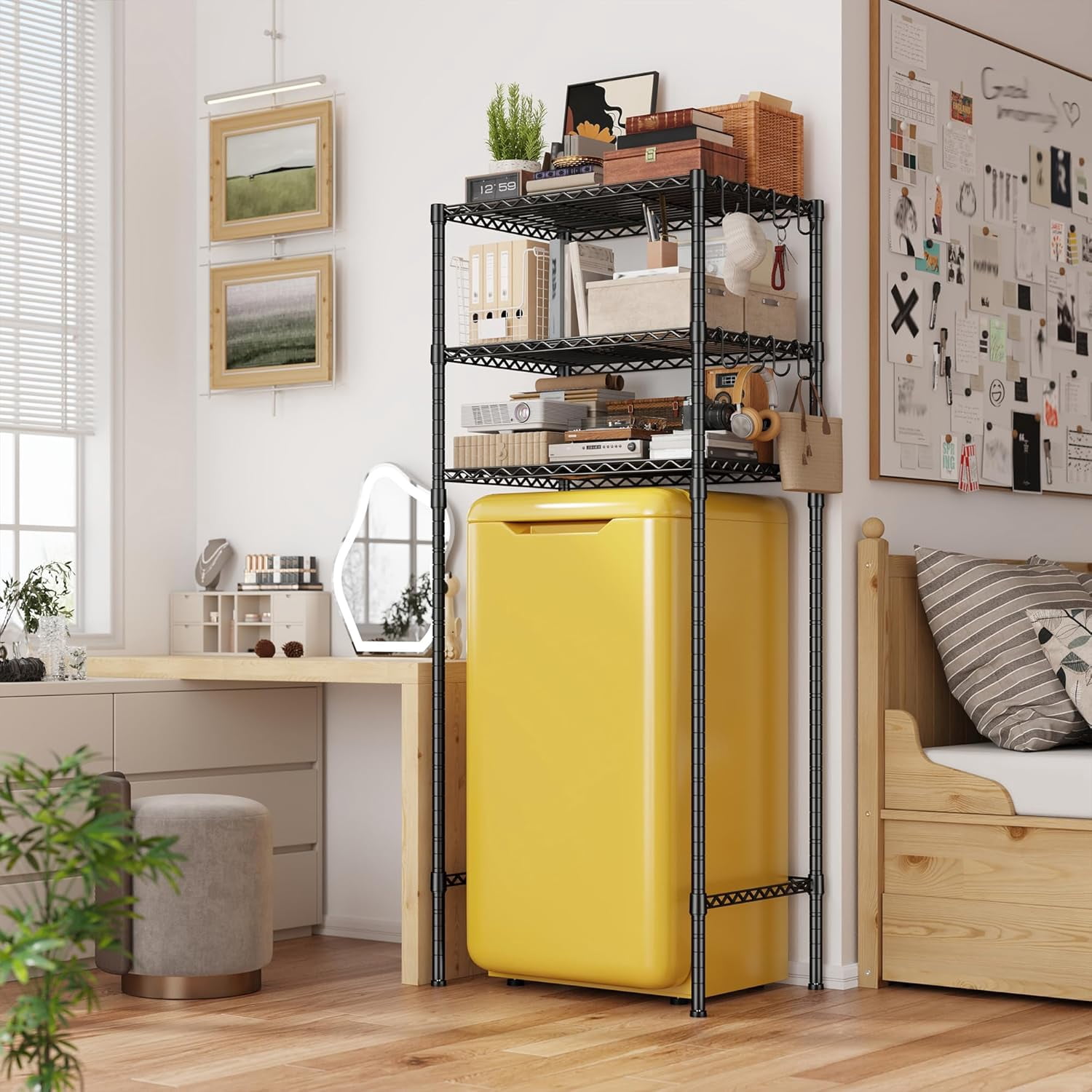 ZYPPP 3Tier Mini Fridge Shelf with Storage for Dorm Adjustable Shelving Metal Storage Shelves Rack Mini Fridge and Microwave Stand for College Rooms Kitchen, Office, 65.36Hx18.1Dx26.38W, Black
