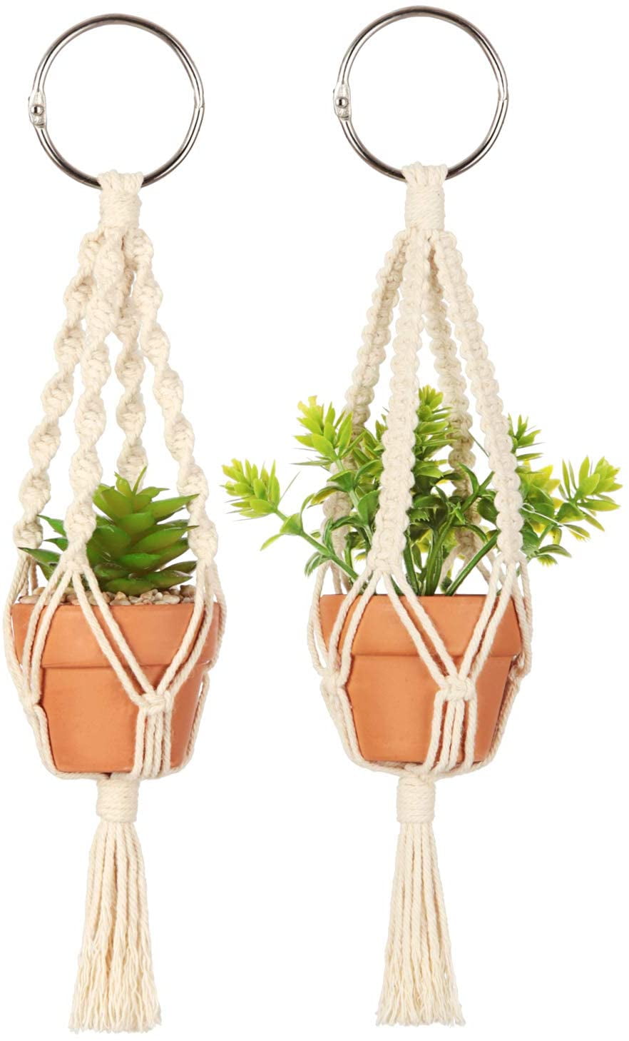 CooShou 2 Pack Mini Macrame Plant Hanger Car Rear View Mirror Charm Hanging Accessories Car Office Home Wall Hallway Plant Hangers with Artificial Succulent Plants and Pots for Plant Lover