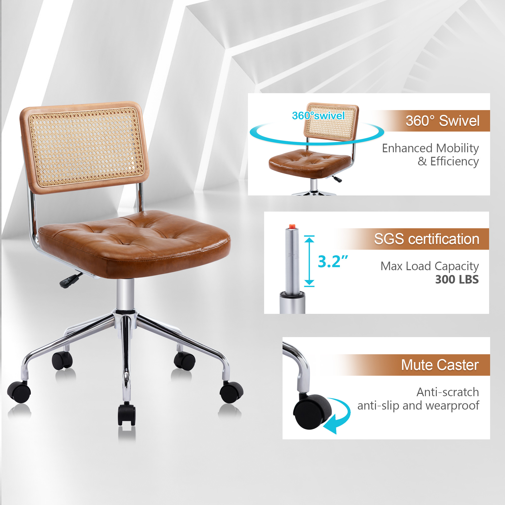 ONEVOG Tufted Leather Desk Chair, Swivel Home Office Chair with Rattan Back, Upholstered Armless Vanity Chair, Adjustable Height Computer Task Chair, Brown