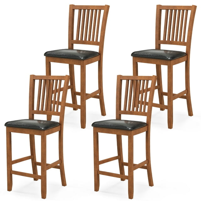 Gymax 4PCS 25.5'' Bar Chair Set w/ Backrest Padded Seat Footrest Rubber Wood Frame