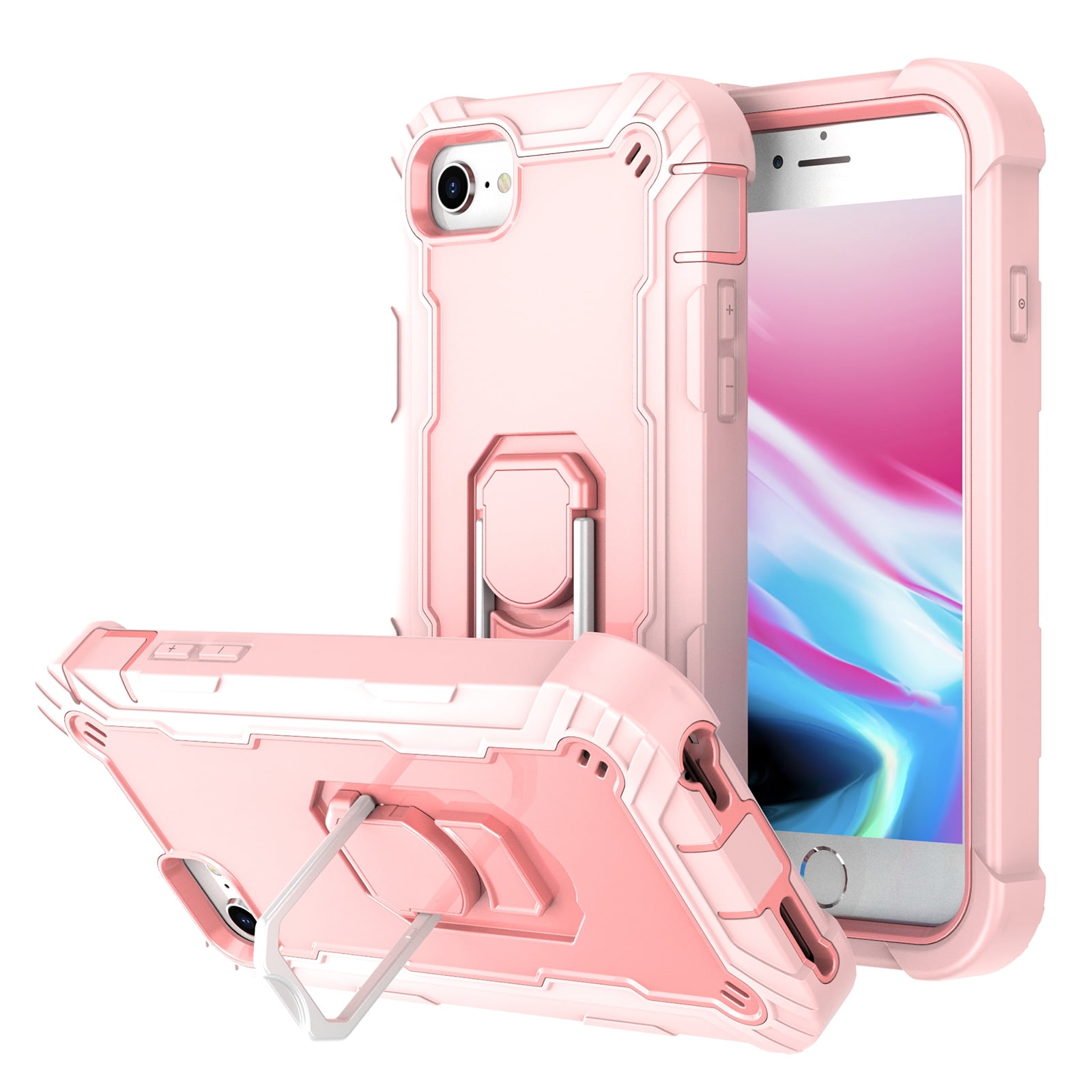 Dteck Case for iPhone SE 2022 4.7-inch,Shockproof Rugged Rubber Armor 3-Layer Protection iPhone 7/iPhone 8 Case Hybrid Hard PC Back With Ring Holder Kickstand iPhone SE 2020 Cover,Rosegold
