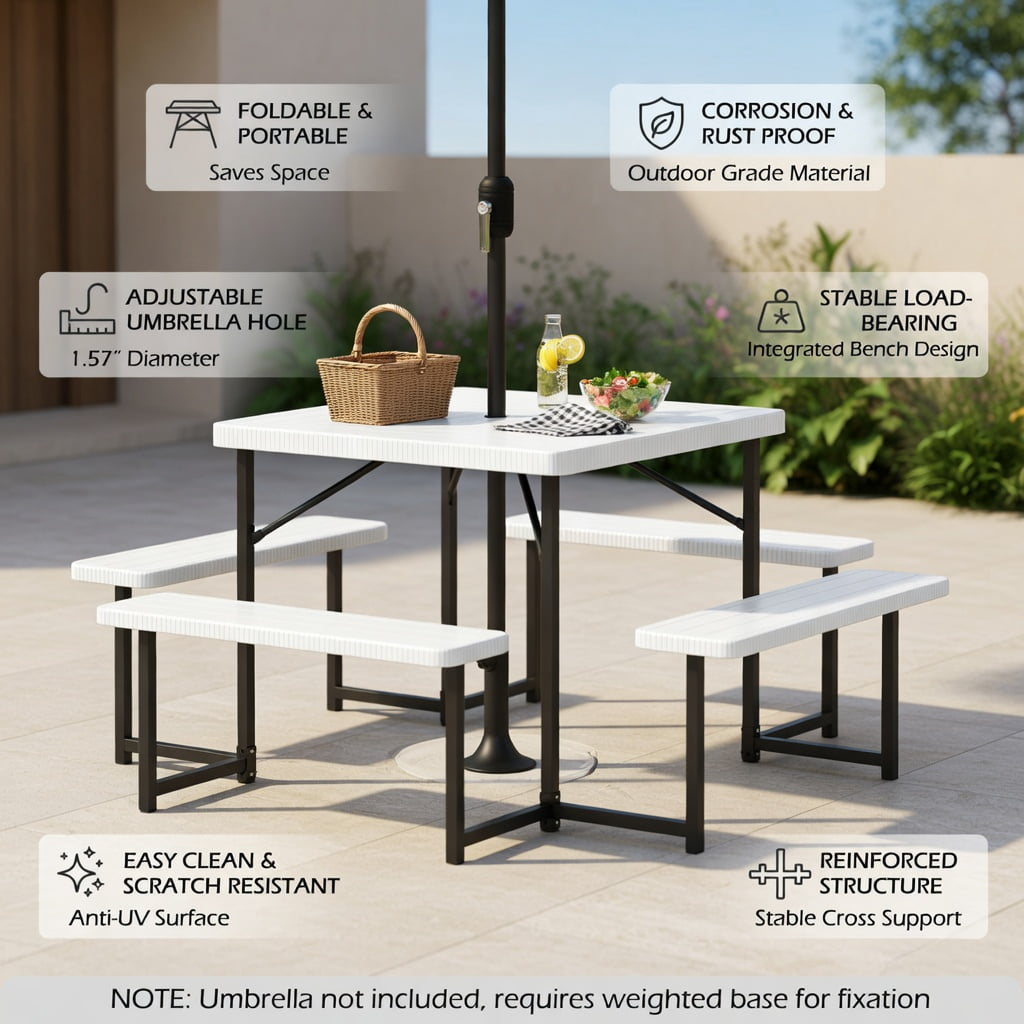 Hommoo Outdoor Square HDPE Picnic Table & Bench Set for 4–8 People, Includes Umbrella Hole & Weather-Resistant Metal Frame, White