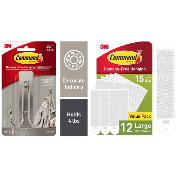Command Large Double Wall Hooks, Brushed Nickel, 1 Hook and Command White Large Picture Hanging Strips 12 Pairs