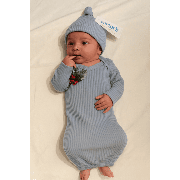 One You Baby Gown & Hat Set Preemie 0 Months Blue Ribbed Knit