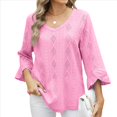 thumbnail image 2 of Camiseta de Mujer con Cuello en V, Mangas 3/4 con Volantes y Ojales, Blusa Informal, Estilo Túnica, Tendencia 2025 Rosa XXL, 2 of 9