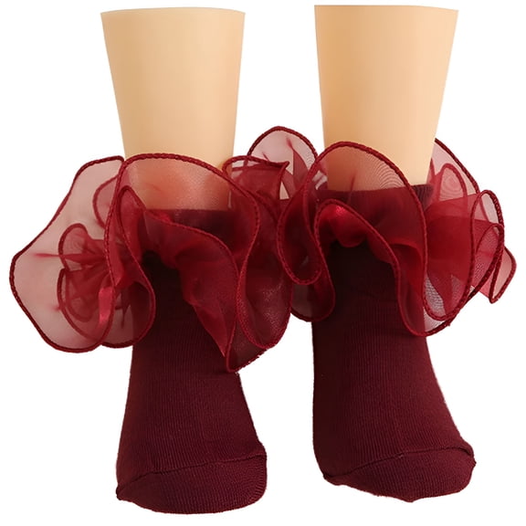 TELOLY Girls Double Lace Socks Turn Cuff with Big Ruffle Frilly Dress Socks Ankle Socks for Infant Toddler Kids Women Red Ruffle Socks 1 Pair