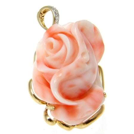 Flower Enhancer - Genuine natural pink coral carved flower diamond pendant enhancer solid 14k gold