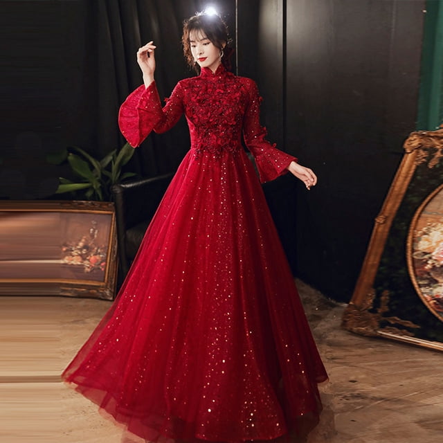 Vestido de noche con apliques rojos, elegante vestido de fiesta hasta el suelo de manga larga para mujer, diseño clásico de tul adecuado para mujeres embarazadas