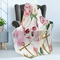 thumbnail image 4 of Skull Soft Flannel Fleece Throw Blanket, Nautical Anchor with Victorian Roses Peonies Vintage Art Design Print, Cozy Plush for Indoor and Outdoor Use, 50" x 70", White Green Pink, by Ambesonne, 4 of 5